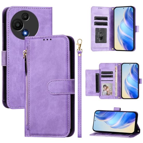Funda de cuero tipo billetera con cremallera y ranuras para múltiples tarjetas para TCL 605 / TCL 60 SE (morado)