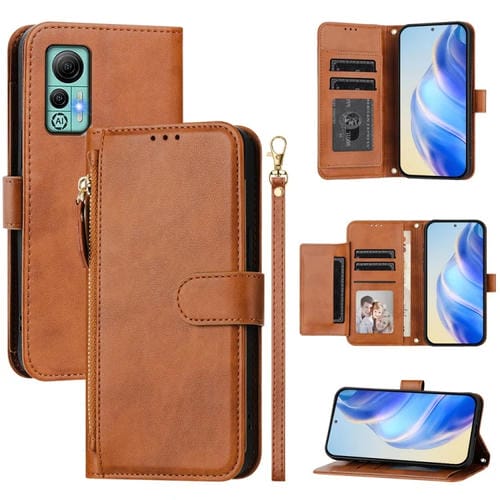 Funda de Cuero para Ulefone Note 14 con Cremallera y Ranuras para Tarjetas (Marrón)