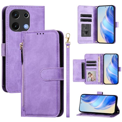 Funda de Cuero para Umidigi Note 100 con Cremallera y Ranuras para Tarjetas (Morado)