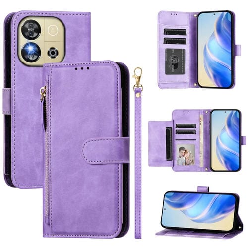 Funda de Cuero con Cremallera y Ranuras para Tarjetas para Oukitel C57S (Morado)