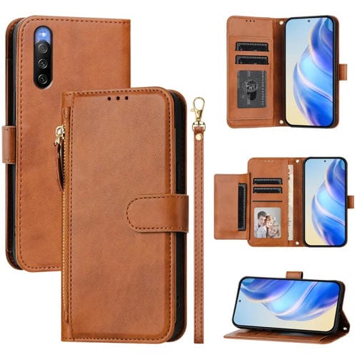 Funda de Cuero para Sony Xperia 10 V con Cremallera y Ranuras para Tarjetas (Marrón)