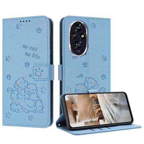 Funda de Cuero Honor 200 5G con Diseño de Gatito en Relieve y Cordón (Azul)