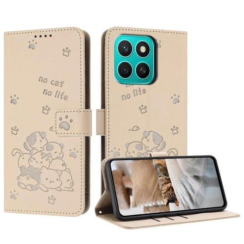 Funda de Piel con Diseño de Gatito En Relieve y Cordón para Honor X8C 4G (Beige)