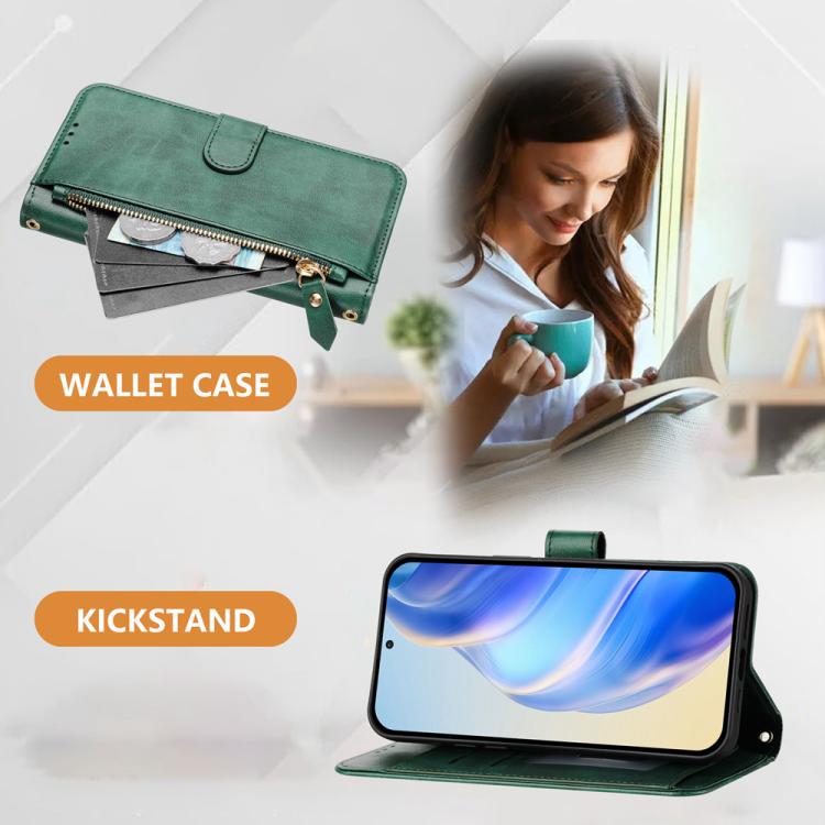 Funda de cuero con cremallera y ranuras para múltiples tarjetas para Xiaomi 15S Pro (verde)