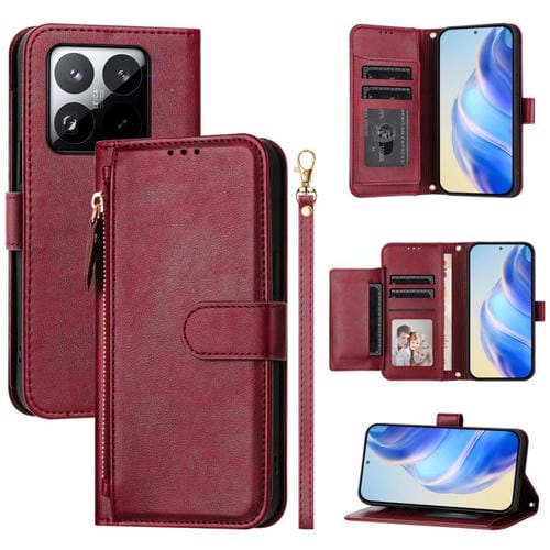 Funda de cuero con cremallera y ranuras para múltiples tarjetas para Xiaomi 15T 5G (rojo oscuro)