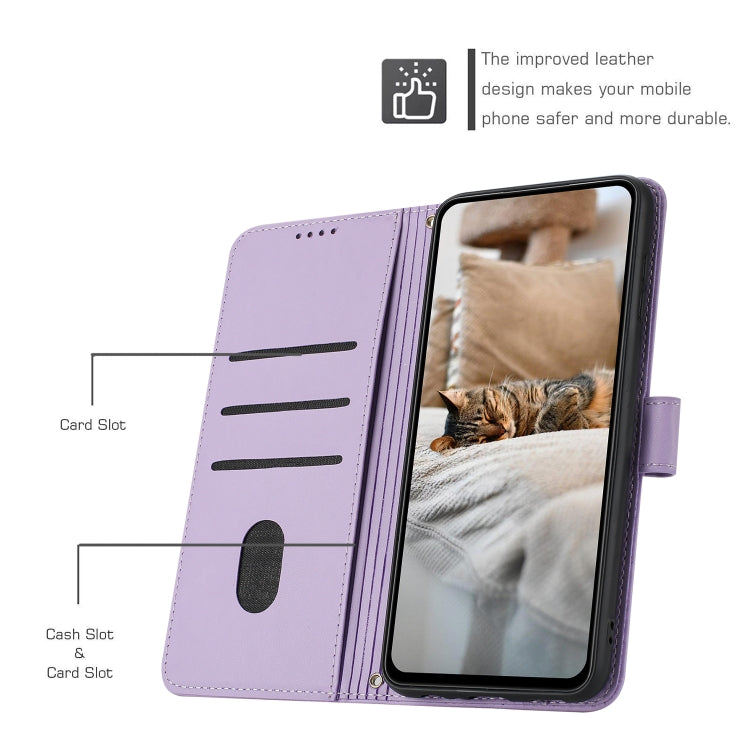 Funda de Piel iPhone 16E Forma de Gatito En Relieve con Cordón (Morado)