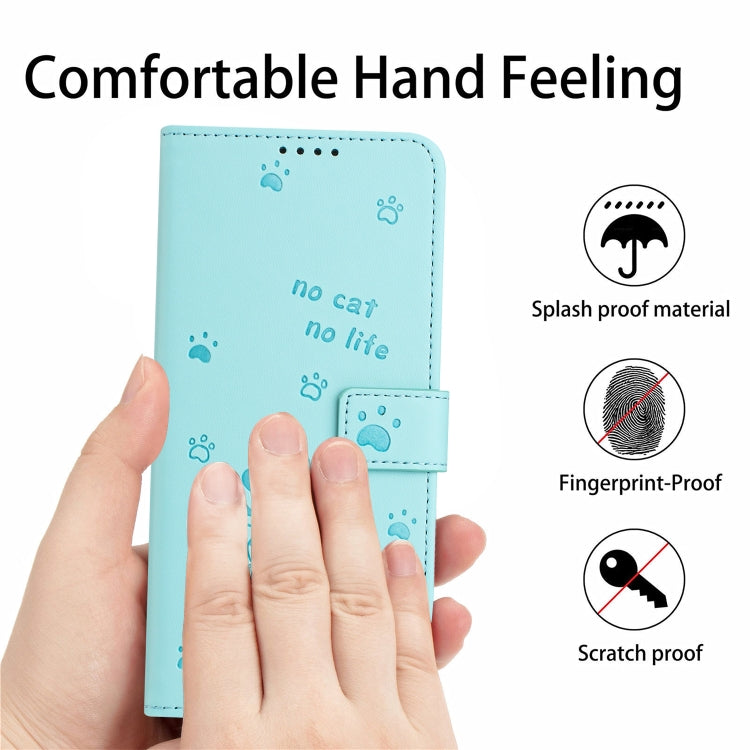 Funda de Piel para iPhone 16E con Forma de Gatito En Relieve y Cordón (Verde Menta)