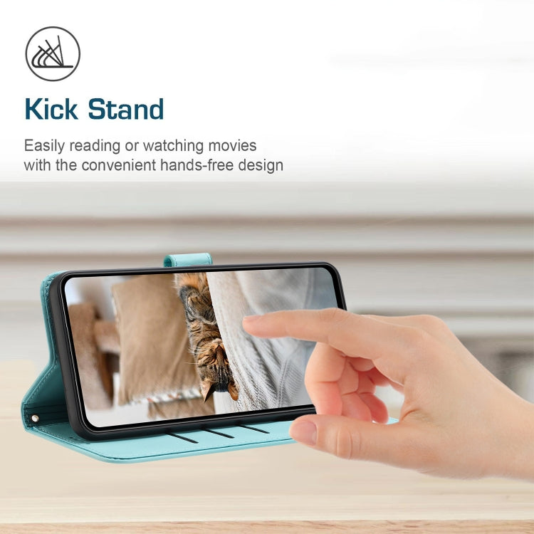 Funda de Piel para iPhone 16E con Forma de Gatito En Relieve y Cordón (Verde Menta)