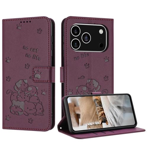 Funda de piel con diseño de gatito en relieve para iPhone 17 Pro con cordón (rojo vino)