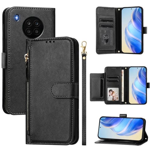 Funda de Cuero con Cremallera y Ranuras para Múltiples Tarjetas para Honor 50 Lite (Negro)