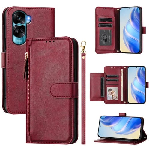 Funda de Cuero con Cremallera y Ranuras para Múltiples Tarjetas para Honor 90 Lite/X50I (Rojo Oscuro)
