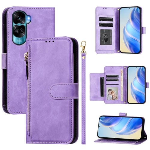 Funda de Cuero Tipo Billetera para Honor 90 Lite/X50I con Cremallera y Ranuras (Morado)