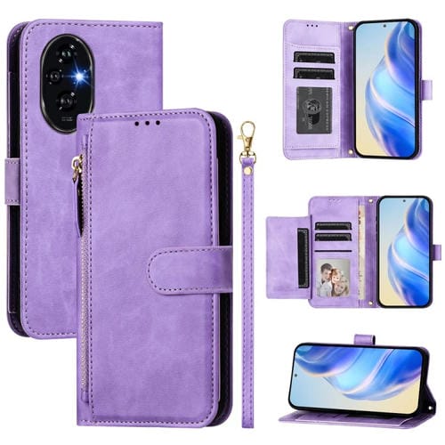 Funda de Cuero con Cremallera y Ranuras para Múltiples Tarjetas para Honor 200 (Morado)