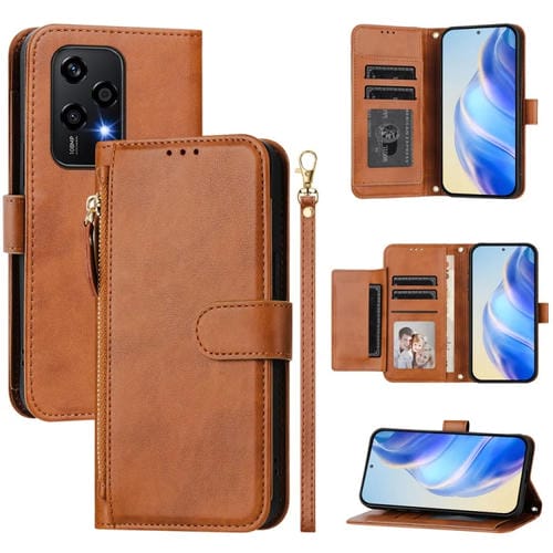 Funda de Cuero con Cremallera y Ranuras para Tarjetas para Honor 200 Lite (Marrón)