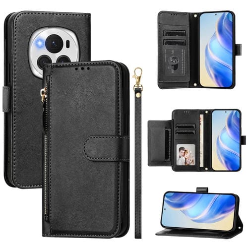 Funda de Cuero con Cremallera y Ranuras para Tarjetas para Honor Magic6 Pro 5G (Negro)