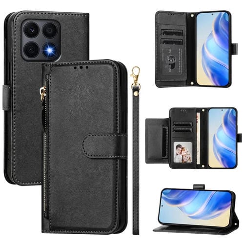 Funda de Cuero para Honor X8A con Cremallera y Ranuras para Tarjetas (Negro)