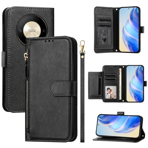 Funda de Cuero con Cremallera y Ranuras para Tarjetas para Honor X9B / Magic6 Lite 5G (Negro)
