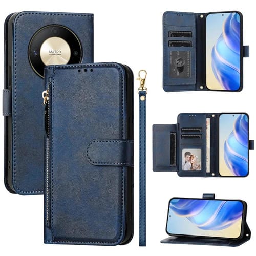 Funda de Cuero con Cremallera y Ranuras para Múltiples Tarjetas para Honor X9B / Magic6 Lite 5G (Azul)