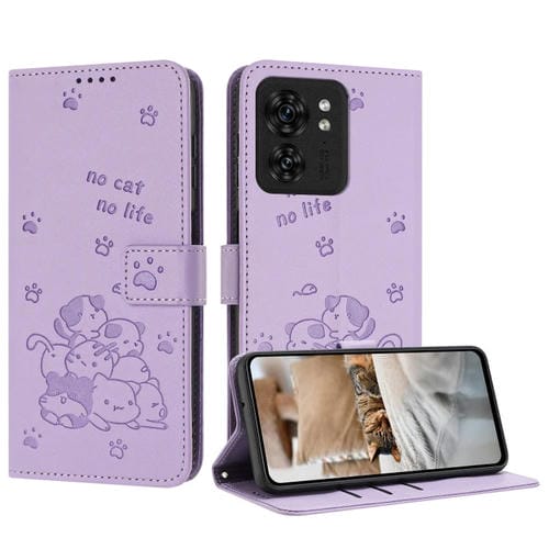 Funda de Cuero Motorola Edge 40 con Diseño de Gatito en Relieve y Cordón (Morado)