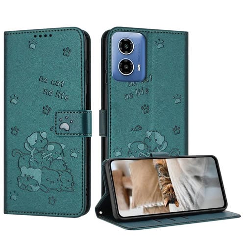 Funda de Cuero Motorola Moto G 5G 2024 con Diseño de Gatito en Relieve y Cordón (Verde Oscuro)