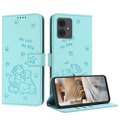 Funda de Cuero Motorola Moto G04/G24/G04S con Diseño de Gatito en Relieve y Cordón (Verde Menta)