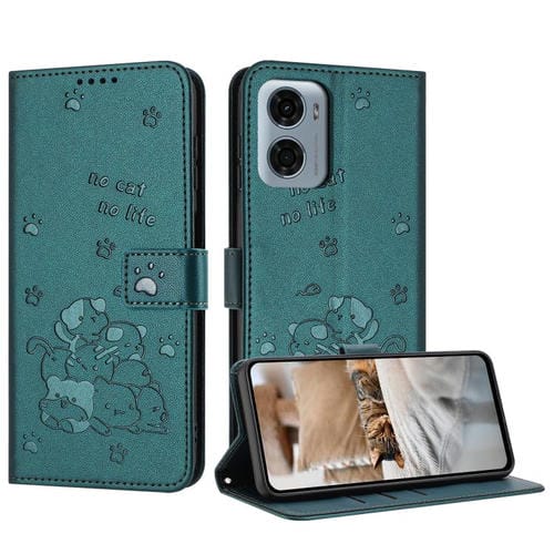 Funda de Cuero Motorola Moto G05 con Diseño de Gatito en Relieve y Cordón (Verde Oscuro)