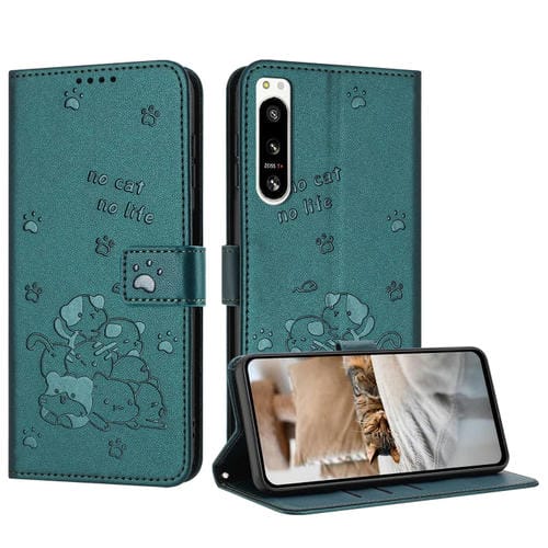 Funda de Cuero para Sony Xperia 5 IV con Diseño de Gatito en Relieve y Cordón (Verde Oscuro)