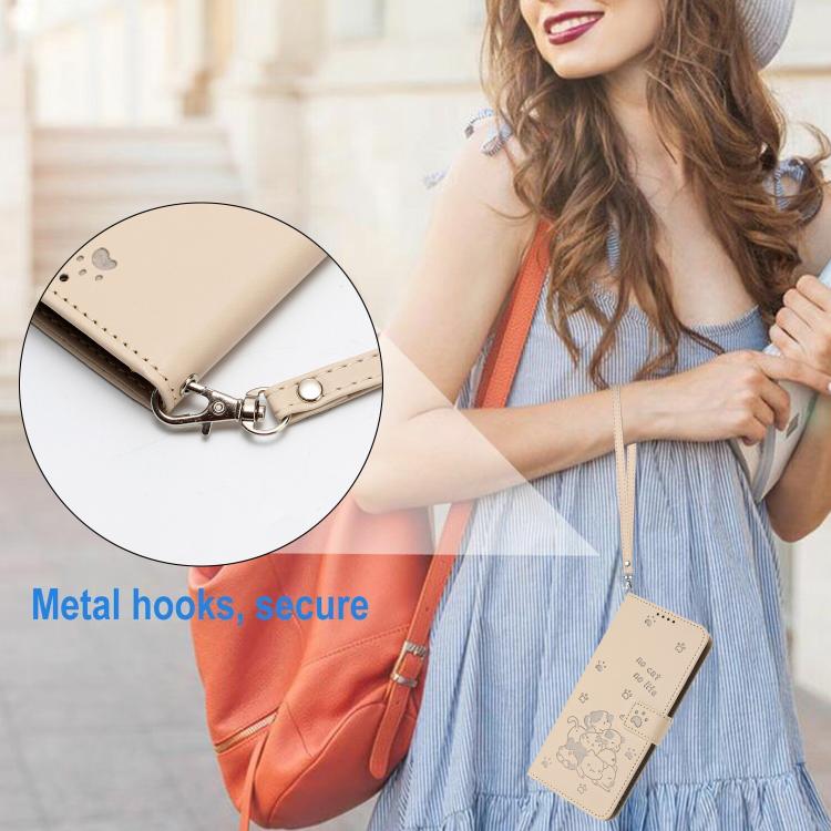 Funda de piel con diseño de gatito en relieve y cordón para Samsung Galaxy S25 FE 5G (beige)