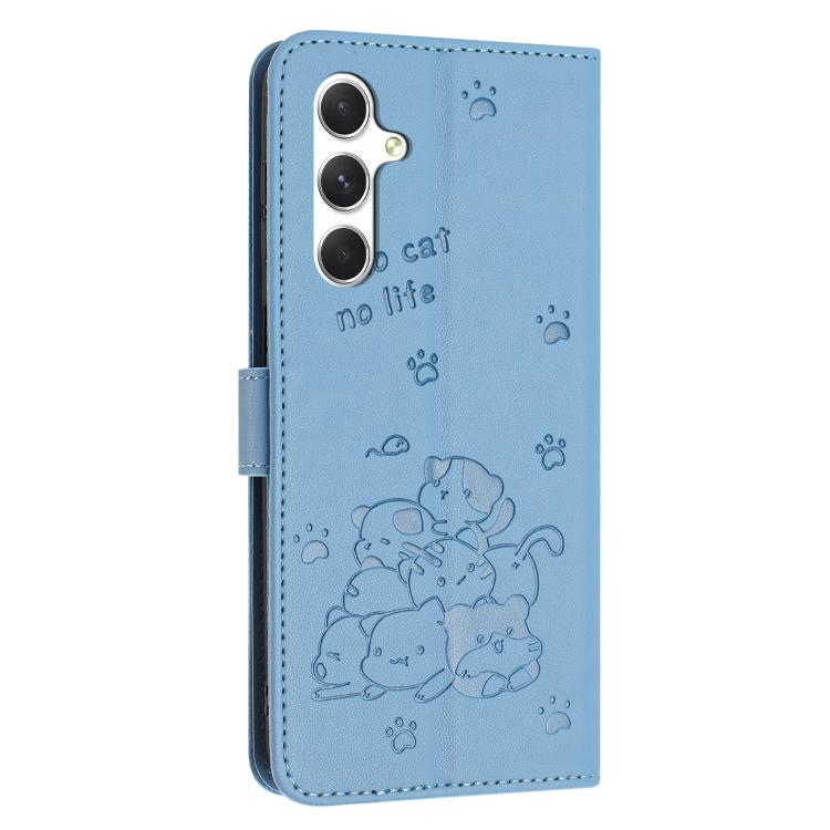 Funda de piel con diseño de gatito en relieve y cordón para Samsung Galaxy S25 FE 5G (azul)