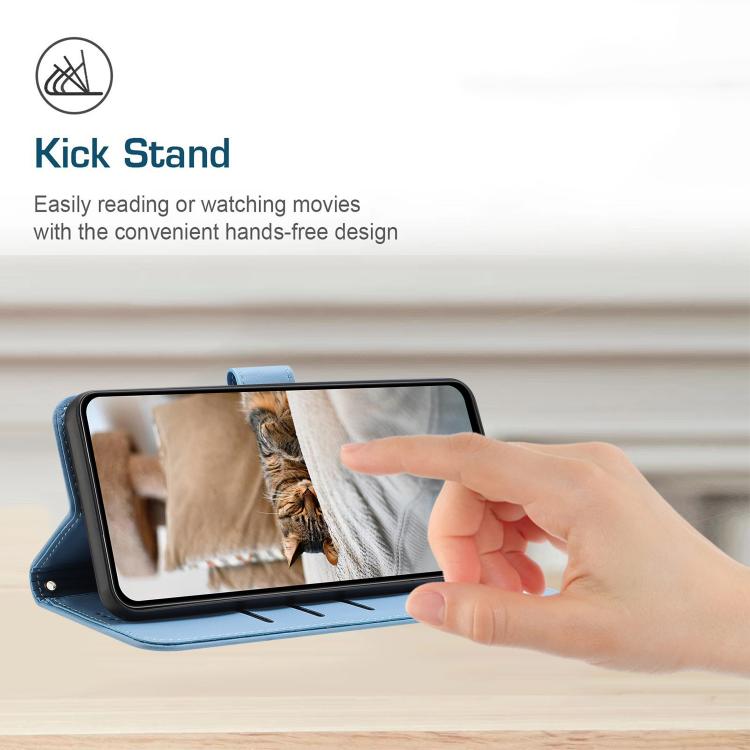 Funda de piel con diseño de gatito en relieve y cordón para Samsung Galaxy S25 FE 5G (azul)