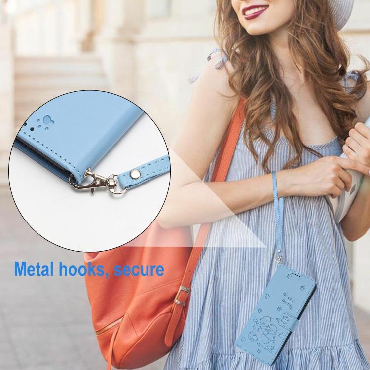 Funda de piel con diseño de gatito en relieve y cordón para Samsung Galaxy S25 FE 5G (azul)