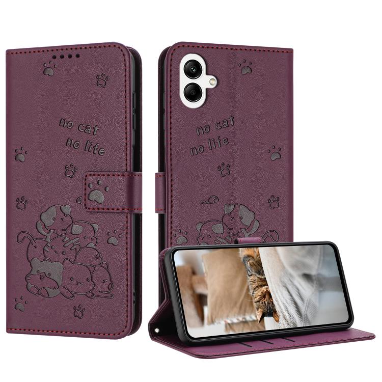 Funda de piel con diseño de gatito en relieve y cordón para Samsung Galaxy A07 4G (rojo vino)