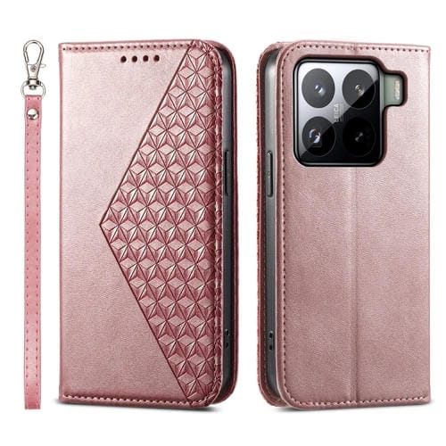 Funda De Cuero Magnética Con Textura De Becerro Y Rejilla Cúbica Para Xiaomi 15 (Oro Rosa)