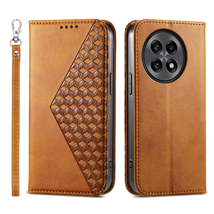 Funda de Cuero Magnética Textura Becerro Cuadrícula Cúbica para OnePlus 13R/Ace 5/Ace 5 Pro (Amarillo)