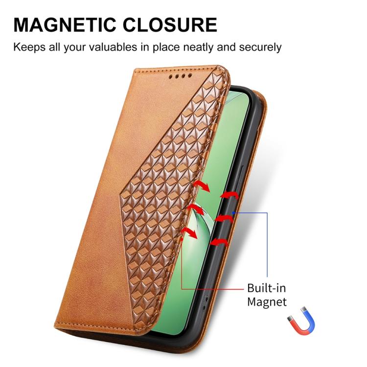 Funda de Cuero Magnética Textura Becerro Cuadrícula Cúbica para OnePlus 13R/Ace 5/Ace 5 Pro (Amarillo)