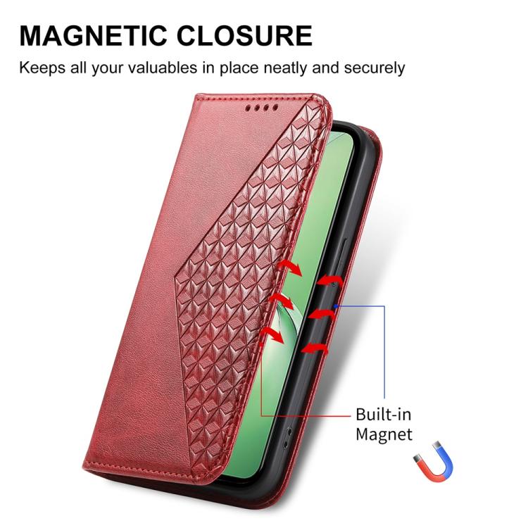 Funda Cuero Magnética Textura Piel Becerro Cuadrícula Cúbica para OnePlus 13R Ace 5 Ace 5 Pro (Rojo)