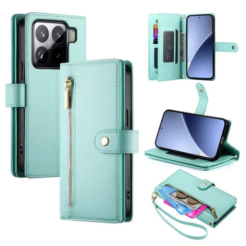 Funda De Cuero Con Cremallera Y Ranuras Para Tarjetas Para Xiaomi 15 (Verde Menta)