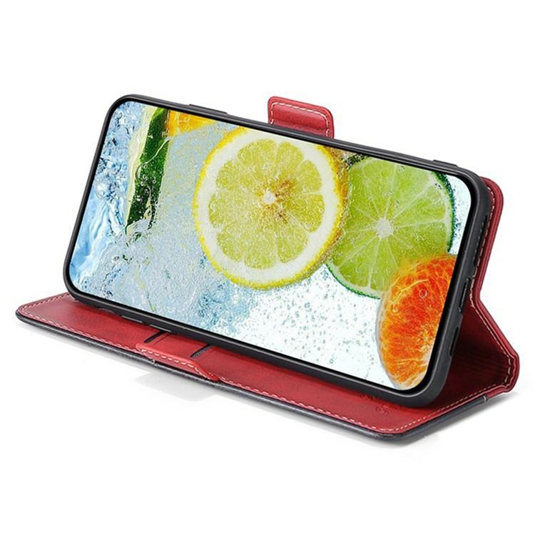 Funda de cuero con hebilla lateral en color de contraste para Samsung Galaxy F06 5G (rojo y negro)