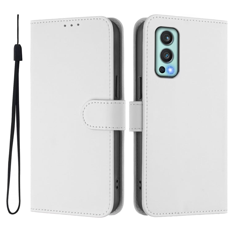 Funda de Cuero para OnePlus Nord 2 5G con Textura de Piel y Cordón (Blanco)