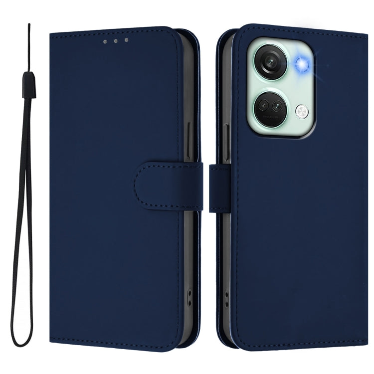 Funda de Piel Textura Lisa para OnePlus Nord 3 Ace 2V con Cordón (Azul Marino)