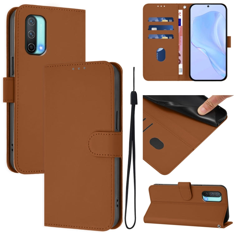 Funda de Cuero para OnePlus Nord Ce 5G con Textura de Piel y Cordón (Marrón)