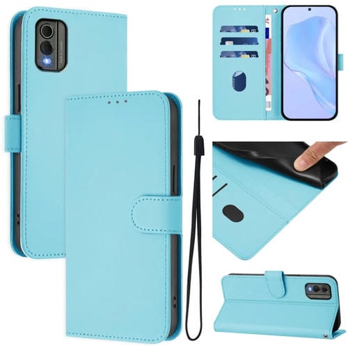 Funda de Piel con Textura para Nokia C32 con Cordón (Azul Cielo)