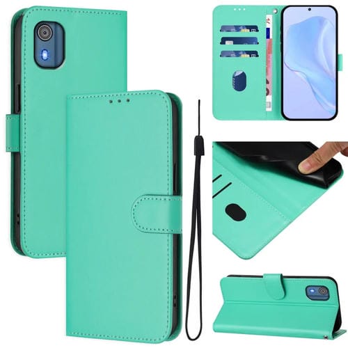 Funda de Piel con Cordón para Nokia C02 con Tacto de Piel (Verde)