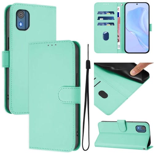 Funda de Piel con Cordón para Nokia C02 con Tacto de Piel (Verde Menta)