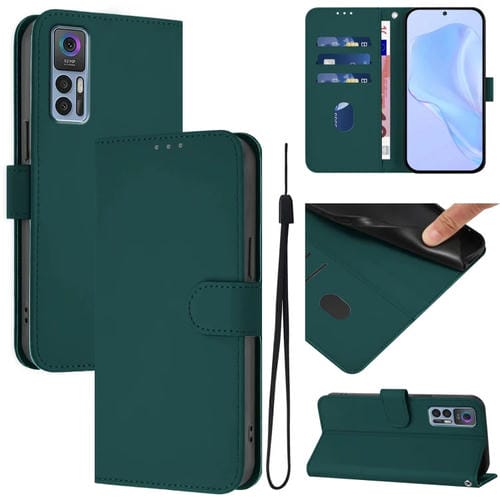 Funda de Cuero con Cordón para Teléfono TCL 30 4G 30 5G 30+ Tacto de Piel (Verde Oscuro)