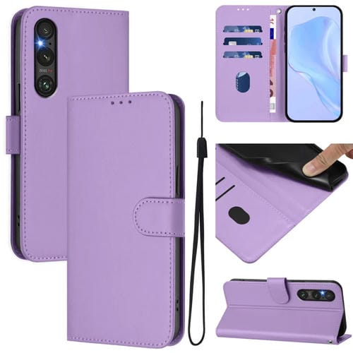 Funda de Piel Sintética con Cordón para Sony Xperia 1 V (2023) (Morado Lavanda)