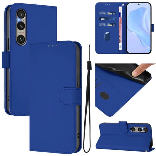 Funda de Piel con Cordón para Teléfono Sony Xperia 1 Vi (2024) (Azul Oscuro)