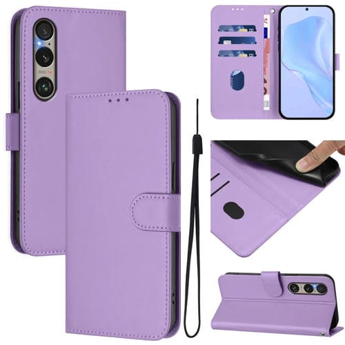 Funda de Piel Sintética con Cordón para Sony Xperia 1 Vi (2024) (Morado Lavanda)