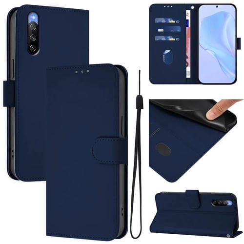 Funda de Piel para Sony Xperia 10 V (2023) con Textura y Cordón (Azul Marino)