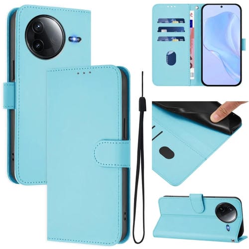 Funda de Cuero con Cordón para Redmi K80/K80 Pro Skin Feel de Color Sólido (Azul Cielo)